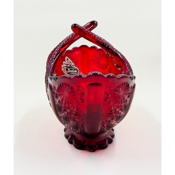 Fenton Glass Ruby Red Daisy and Button Twig Handled Oval Basket Original Sticker - Picture 2 of 11